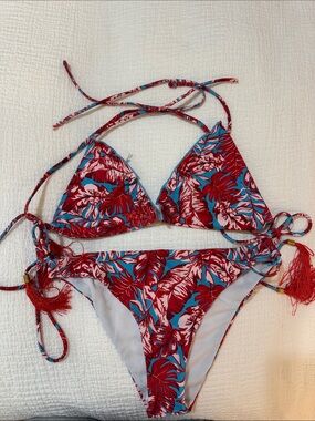 Red & Blue Tropical Print Triangle Bikini